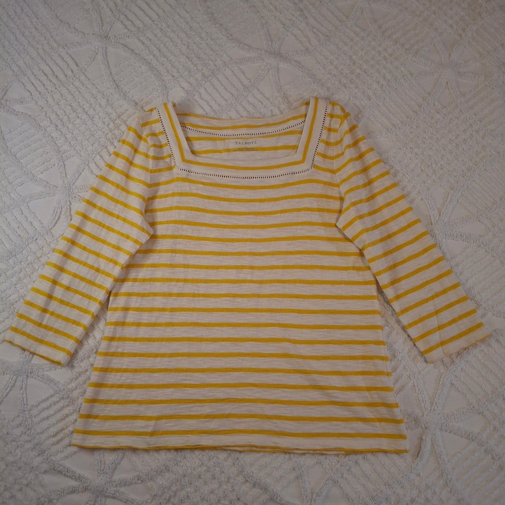 Talbots Womens Large Top Yellow White Striped Square Neck Lace Trim 3/4 Sleeve - Picture 1 of 6